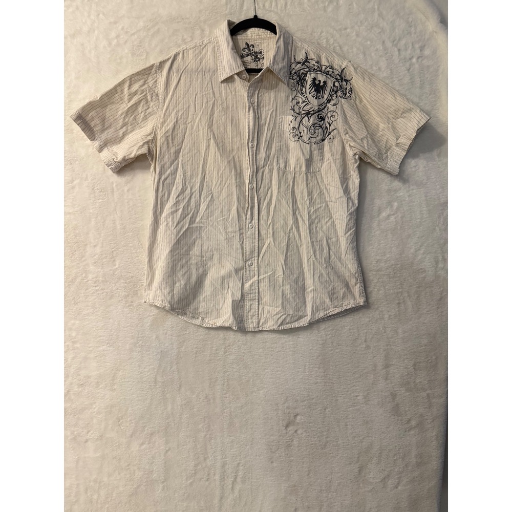 Machine Mens Large Short Sleeve Button Up Shirt Cream Pinstripe Graphic Crest L